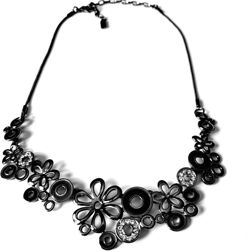 SPOUTNIK Titanium Black Chain Link Circles & Floral Shapes Rhinestone Necklace